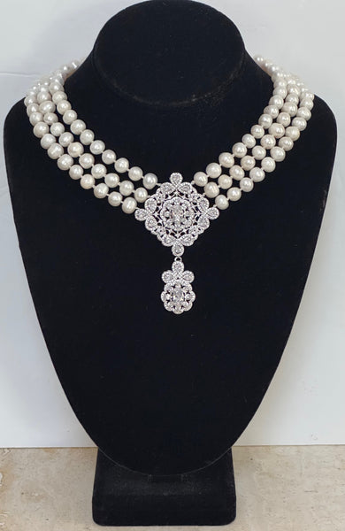 Fresh Water Pearls 3 Row Necklace, Hand Knotted , CZ Center piece Handmade