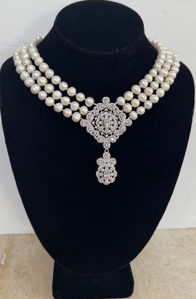 Fresh Water Pearls 3 Row Necklace, Hand Knotted , CZ Center piece Handmade