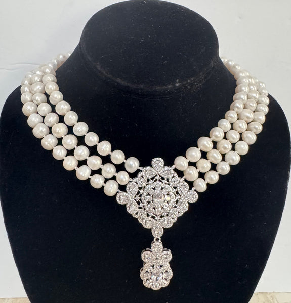 Fresh Water Pearls 3 Row Necklace, Hand Knotted , CZ Center piece Handmade