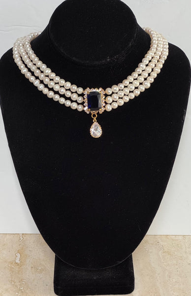 Fresh Water White pearls with Blue CZ Center piece and White CZ Drop, Hand made In The USA