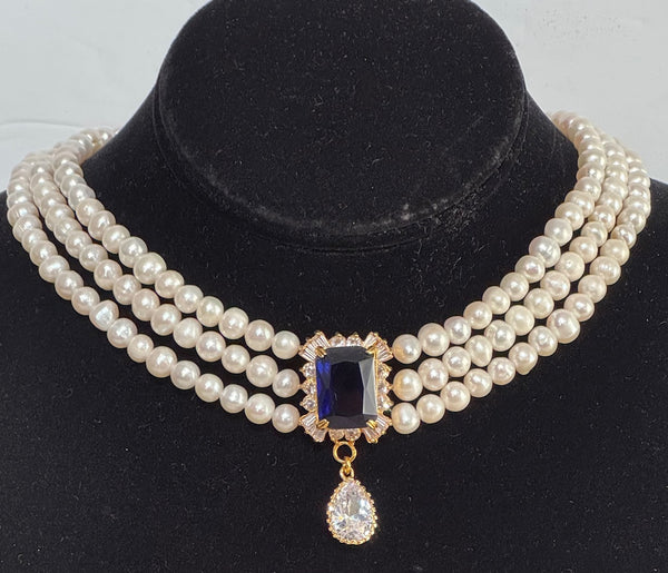 Fresh Water White pearls with Blue CZ Center piece and White CZ Drop, Hand made In The USA