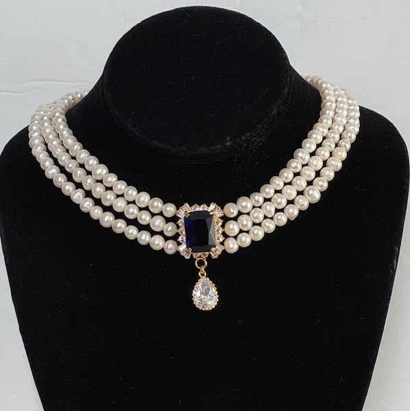 Fresh Water White pearls with Blue CZ Center piece and White CZ Drop, Hand made In The USA