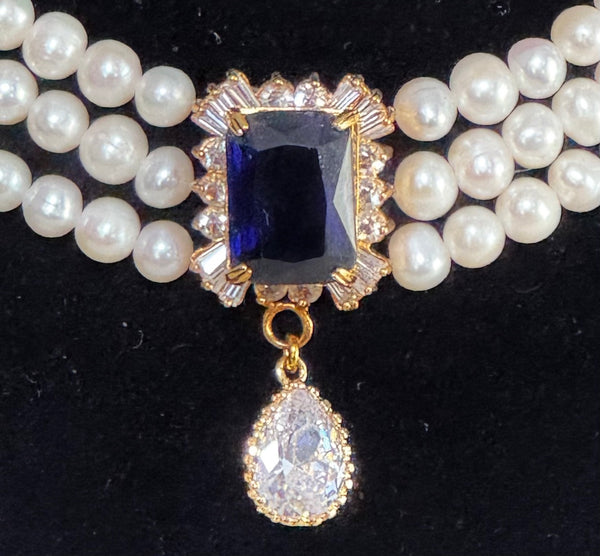 Fresh Water White pearls with Blue CZ Center piece and White CZ Drop, Hand made In The USA