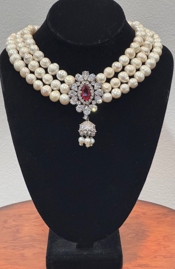 Anya , Fresh water Pearls Necklace with red CZ and clear stone center piece