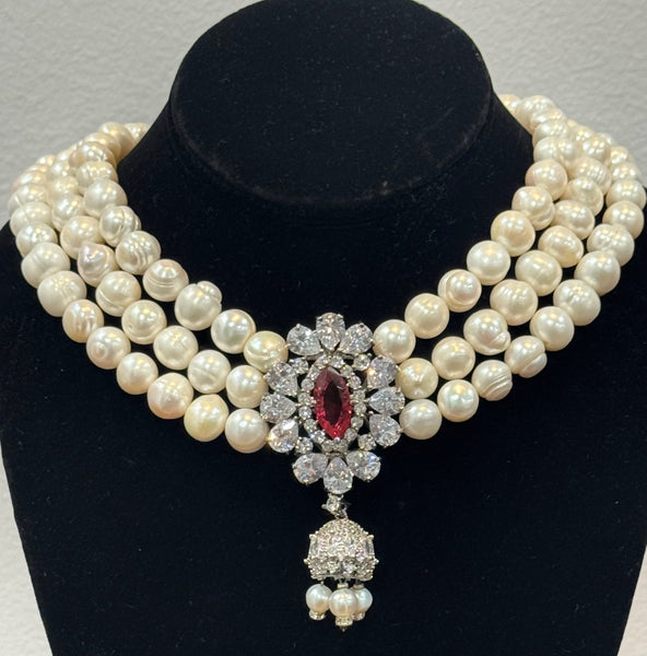 Anya , Fresh water Pearls Necklace with red CZ and clear stone center piece