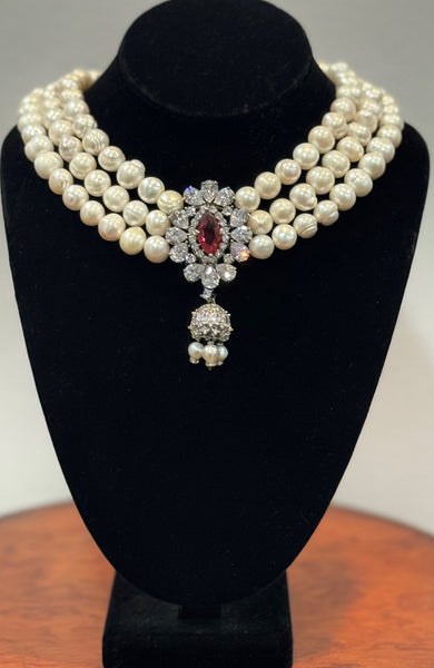 Anya , Fresh water Pearls Necklace with red CZ and clear stone center piece