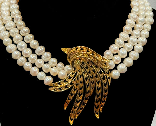 Olivia, Fresh water pearls 3 row Necklace with Gold plated center piece , One of a kind , Hand made