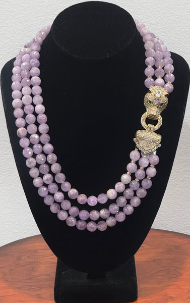 Rosaleen Amethyst 3 Row Necklace with macro pave panther head clasp , Handmade