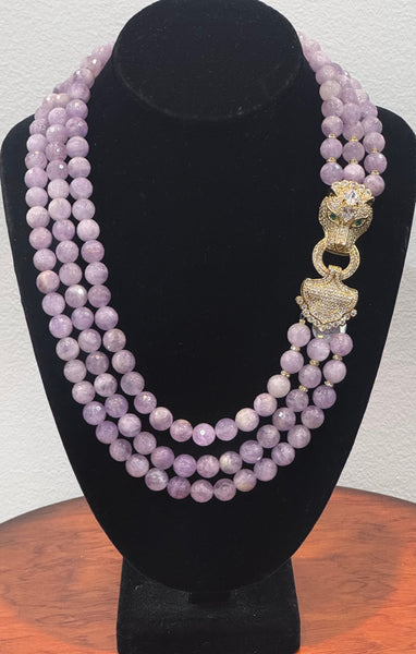 Rosaleen Amethyst 3 Row Necklace with macro pave panther head clasp , Handmade