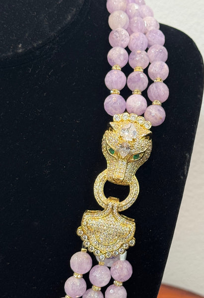 Rosaleen Amethyst 3 Row Necklace with macro pave panther head clasp , Handmade