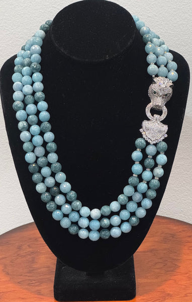 Lilia Aqua Marin 3 row Necklace with side macro pave Panther Clasp