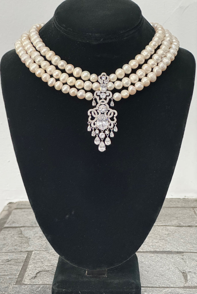 Diana, 3 Row Fresh water Pearls Necklace, Wedding, mother of the bride, Bridal, bridesmaid