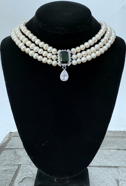 Margaret Fresh water pearls Necklace with green cubic zircon and clear swarovski center piece