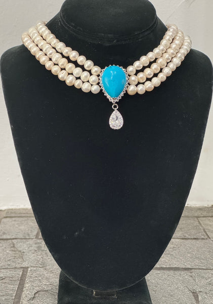 Alexis, Freshwater Pearls 3 row necklace with Turquoise center piece, Weddings, Mother of the bride, Bridal, Bridesmaid