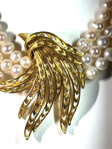Olivia, Fresh water pearls 3 row Necklace with Gold plated center piece , One of a kind , Hand made