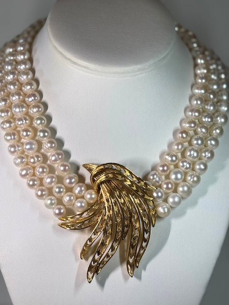 Olivia, Fresh water pearls 3 row Necklace with Gold plated center piece , One of a kind , Hand made