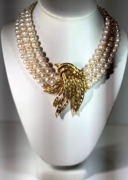 Olivia, Fresh water pearls 3 row Necklace with Gold plated center piece , One of a kind , Hand made