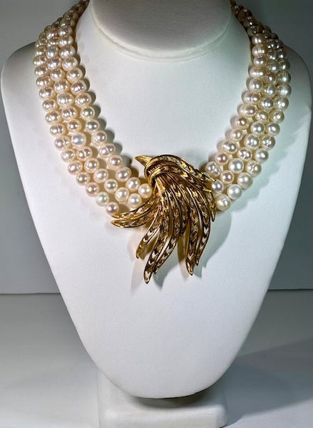 Olivia, Fresh water pearls 3 row Necklace with Gold plated center piece , One of a kind , Hand made