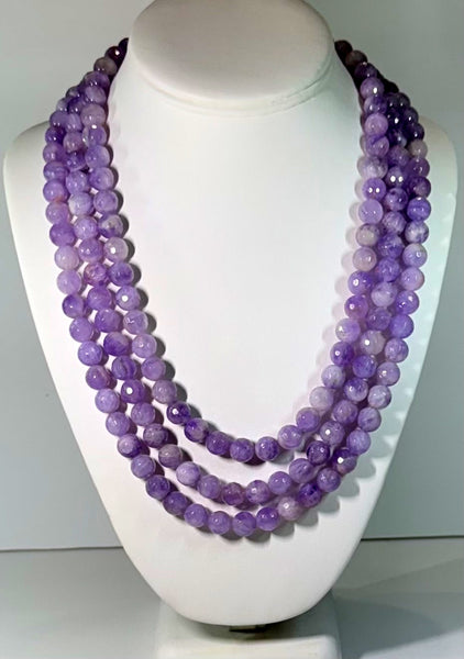 Rosaleen Amethyst 3 Row Necklace with macro pave panther head clasp , Handmade