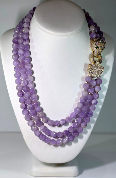 Rosaleen Amethyst 3 Row Necklace with macro pave panther head clasp , Handmade