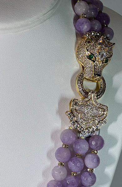 Rosaleen Amethyst 3 Row Necklace with macro pave panther head clasp , Handmade