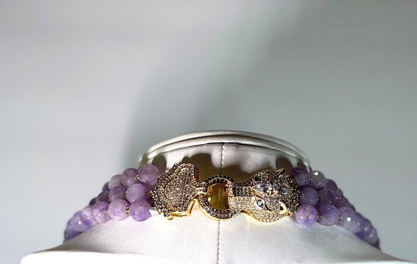Rosaleen Amethyst 3 Row Necklace with macro pave panther head clasp , Handmade