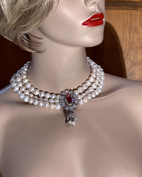 Anya , Fresh water Pearls Necklace with red CZ and clear stone center piece
