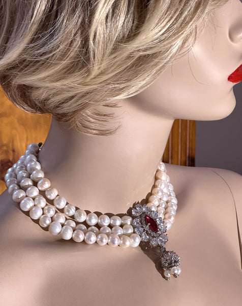 Anya , Fresh water Pearls Necklace with red CZ and clear stone center piece