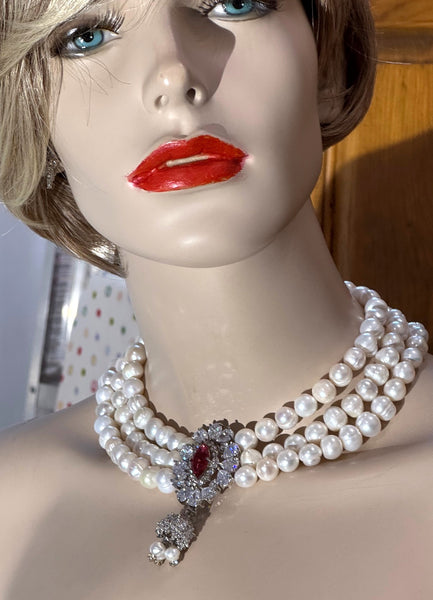 Anya , Fresh water Pearls Necklace with red CZ and clear stone center piece