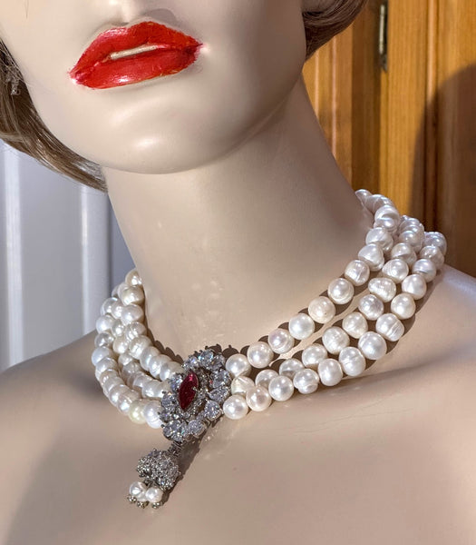 Anya , Fresh water Pearls Necklace with red CZ and clear stone center piece