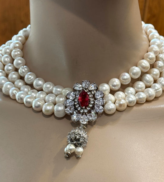 Anya , Fresh water Pearls Necklace with red CZ and clear stone center piece