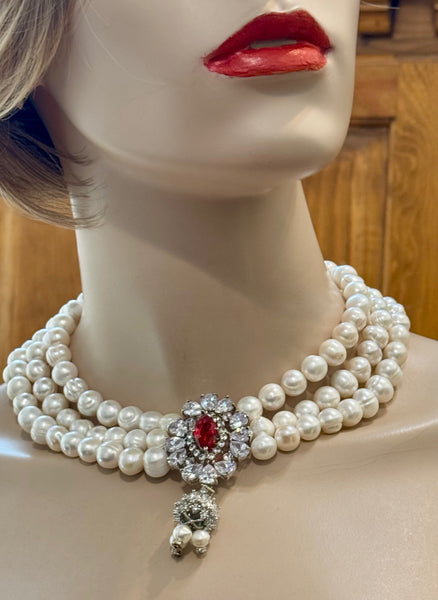 Anya , Fresh water Pearls Necklace with red CZ and clear stone center piece