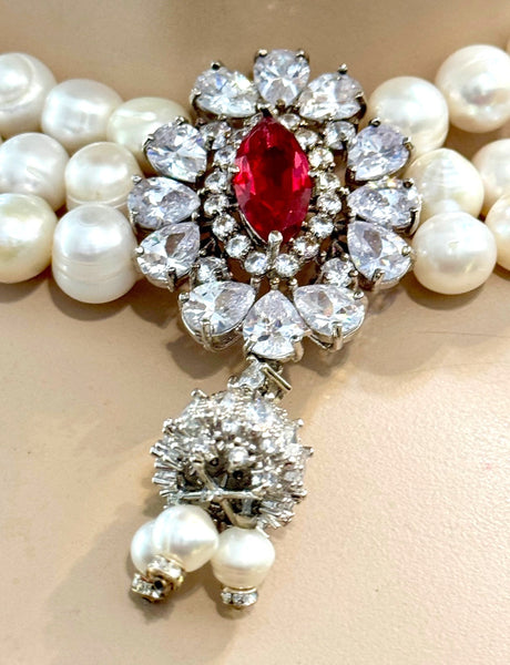 Anya , Fresh water Pearls Necklace with red CZ and clear stone center piece