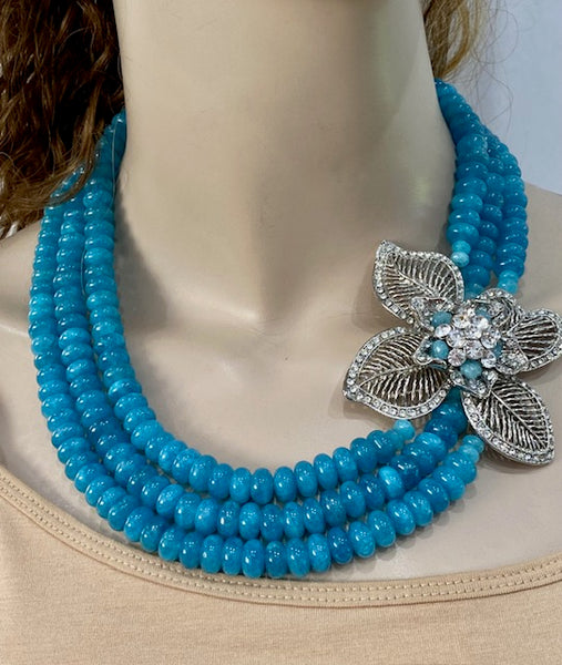 Adel blue agate 3 Row necklace with large side piece , statement necklace handmade one of a kind