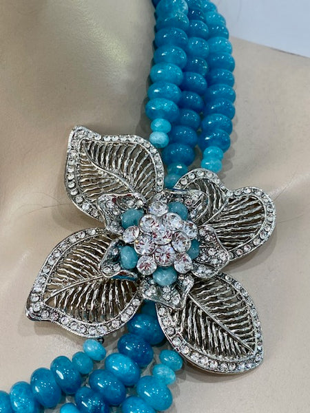 Adel blue agate 3 Row necklace with large side piece , statement necklace handmade one of a kind