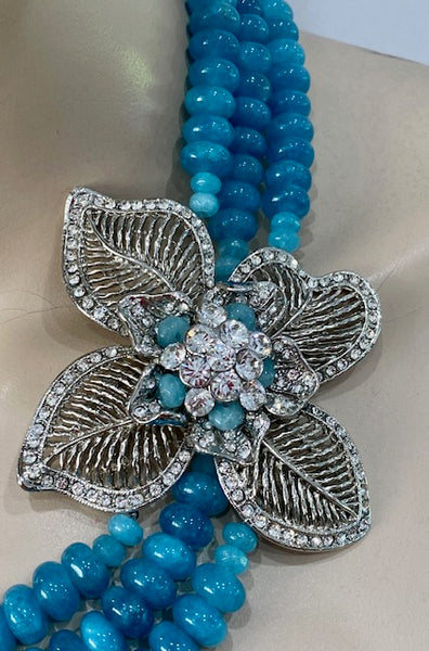 Adel blue agate 3 Row necklace with large side piece , statement necklace handmade one of a kind