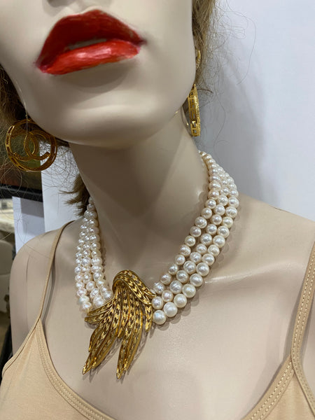 Olivia, Fresh water pearls 3 row Necklace with Gold plated center piece , One of a kind , Hand made