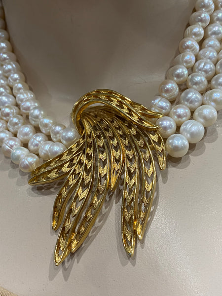 Olivia, Fresh water pearls 3 row Necklace with Gold plated center piece , One of a kind , Hand made