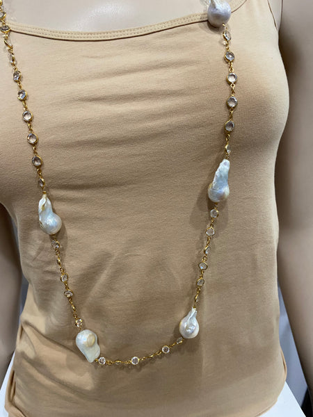 Julia, Baroque pearl necklace with swarovski gold plate chain with clear stone, Handmade