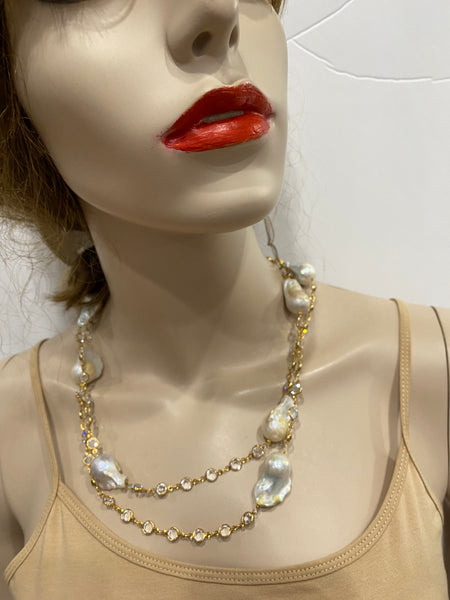 Julia, Baroque pearl necklace with swarovski gold plate chain with clear stone, Handmade