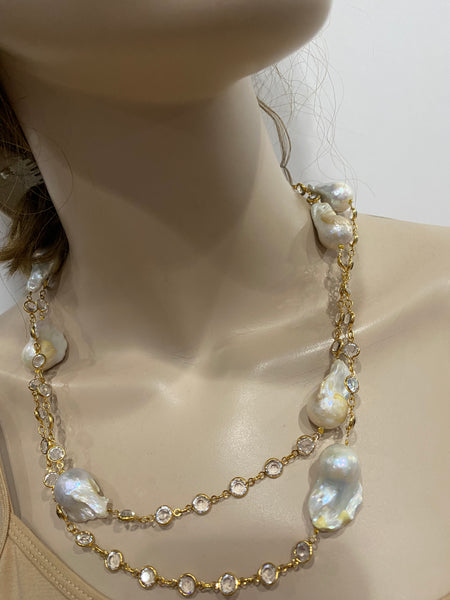 Julia, Baroque pearl necklace with swarovski gold plate chain with clear stone, Handmade
