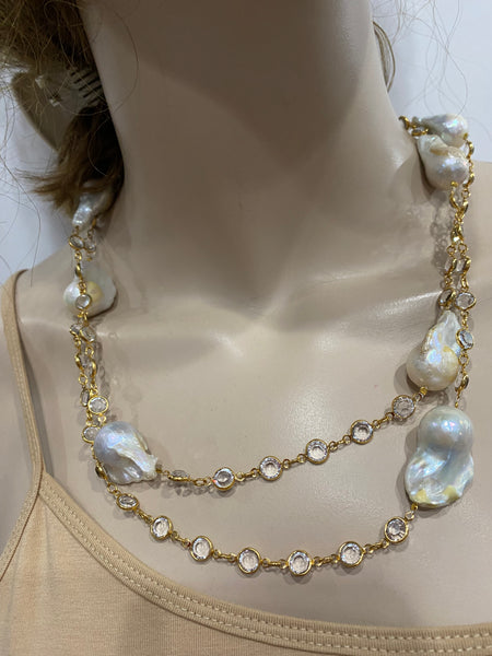 Julia, Baroque pearl necklace with swarovski gold plate chain with clear stone, Handmade