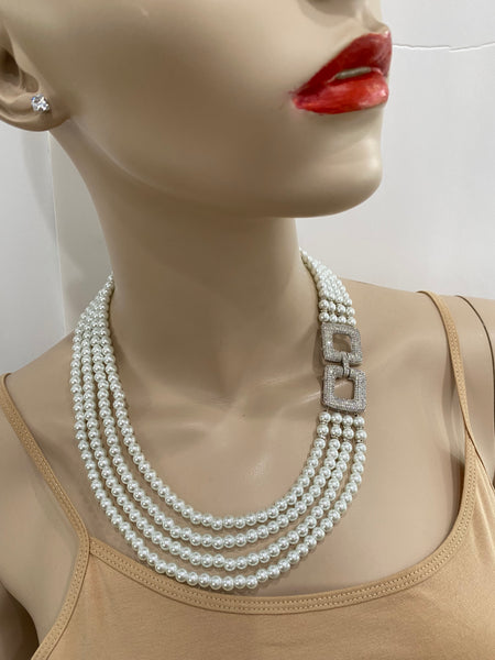 Lia swarovski White Pearls 4 row wedding necklace with macro pave side clasp , Handmade