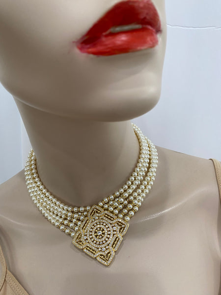 Lili Swarovski Cream Pearls 6 Row Necklace ,with Large Macro pave Center Piece