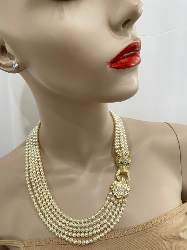 Hailey, swarovski 5 row  cream pearls necklace with macro pave gold plated over sterling silver clasp