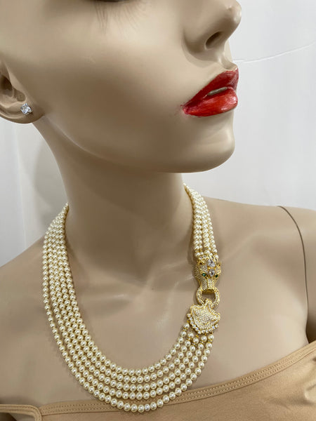 Hailey, swarovski 5 row  cream pearls necklace with macro pave gold plated over sterling silver clasp