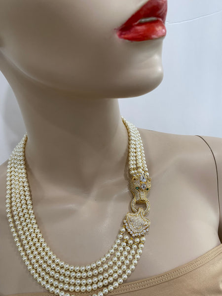 Hailey, swarovski 5 row  cream pearls necklace with macro pave gold plated over sterling silver clasp