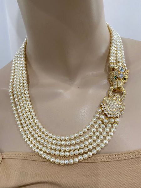 Hailey, swarovski 5 row  cream pearls necklace with macro pave gold plated over sterling silver clasp
