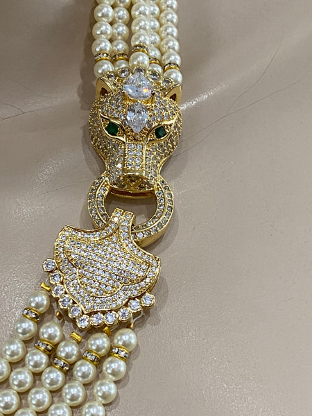 Hailey, swarovski 5 row  cream pearls necklace with macro pave gold plated over sterling silver clasp