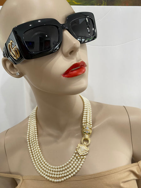 Hailey, swarovski 5 row  cream pearls necklace with macro pave gold plated over sterling silver clasp